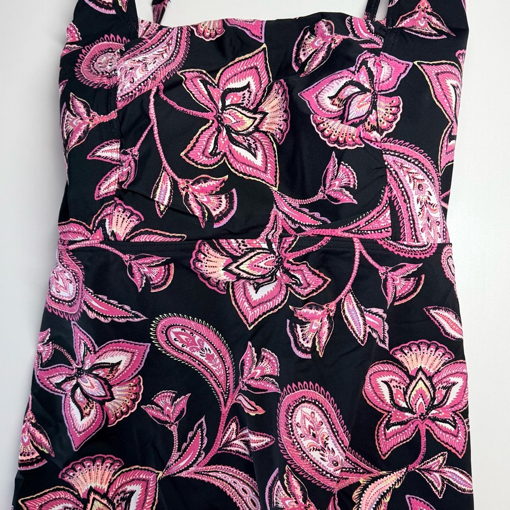 Black with Pink Floral Paisley Print Bathing Suit